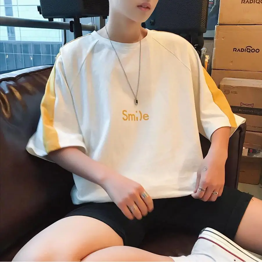Летняя мужская футболка с короткими рукавами в Корейском стиле с пятиконечными рукавами, трендовая свободная одежда Harajuku в стиле хип-хоп, топы - Цвет: Men T-15
