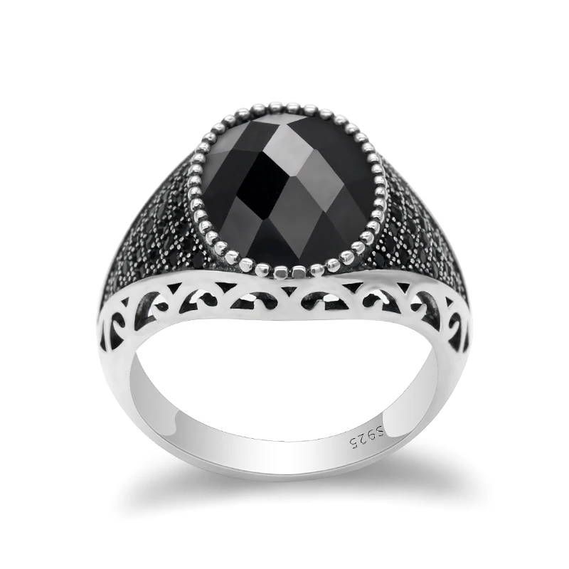 925 Sterling Silver Men Ring with Black Cubic Zircon Stones Vintage Thai Silver Ring for Male Female Turkish Jewelry
