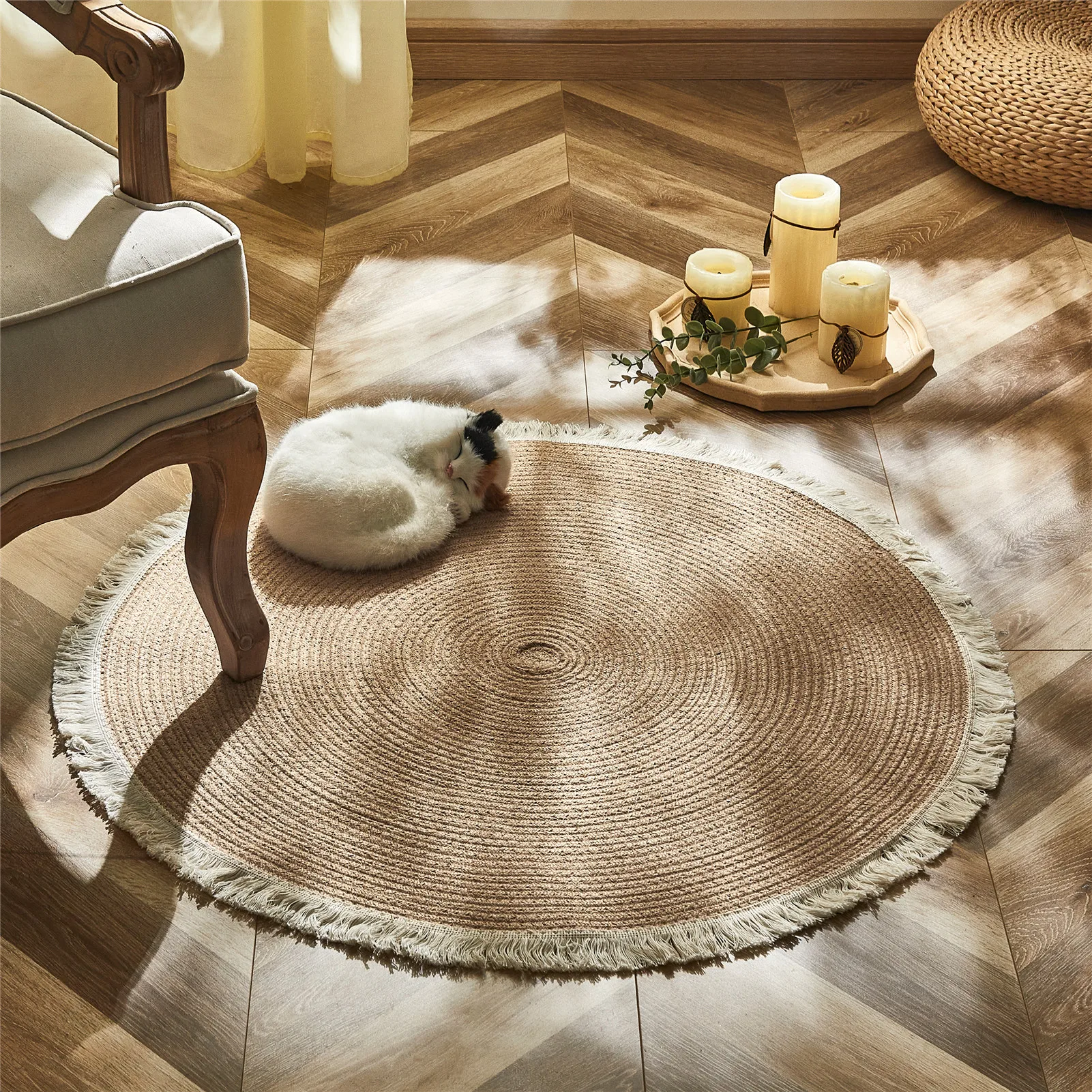 Round Woven Rugs Handmade Rattan Carpet With Tassel For Bedroom Living