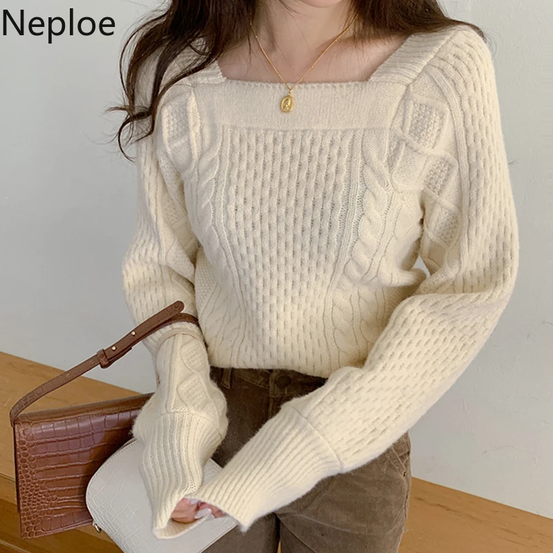 Neploe Ins, квадратный воротник, твист, вязаный свитер, женский, толстый, теплый, однотонный, крест, дизайн, пуловер, солидный, Pull Femme Sueter 47636