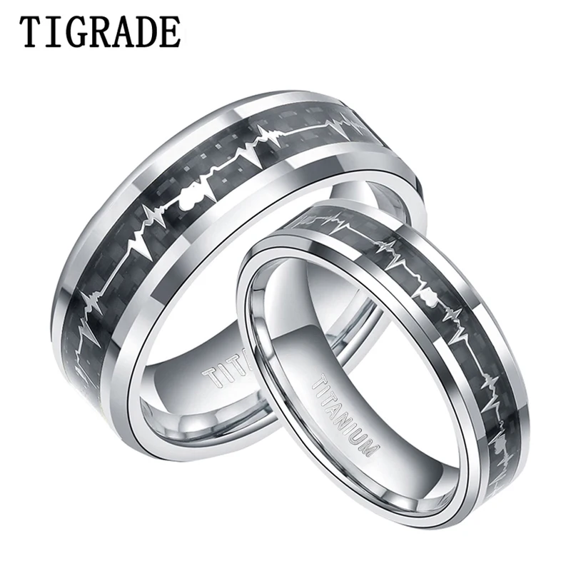 Tigrade Unisex Titanium Ring To Lover Black Inlay with Heart ECG Design Men Women Wedding Band Couple Custom Engraving unique | Украшения и
