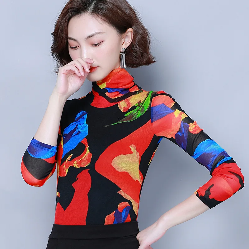 

Photo Shoot Printed Gauze Base Shirt Women's Long-Sleeve Large Size T-shirt Fashion Tops 2019 Autumn New Style Western Style Shi