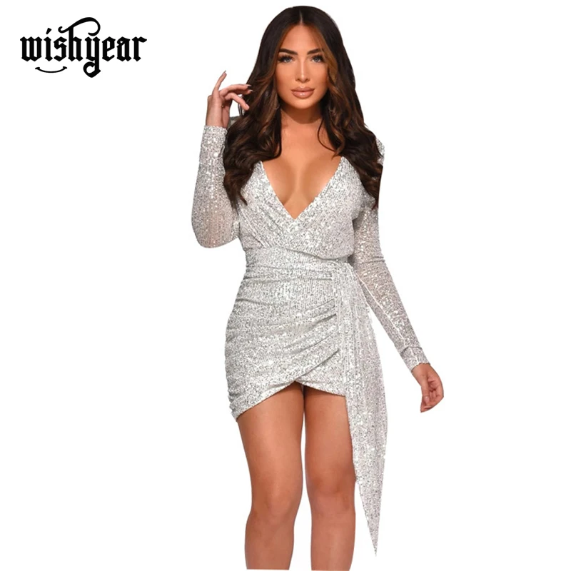 

Wishyear Silver Sequined Bodycon Club Dress Women Warp V Neck Long Sleeve Ruched Asymmetrical Mini Party Dress Vestidos