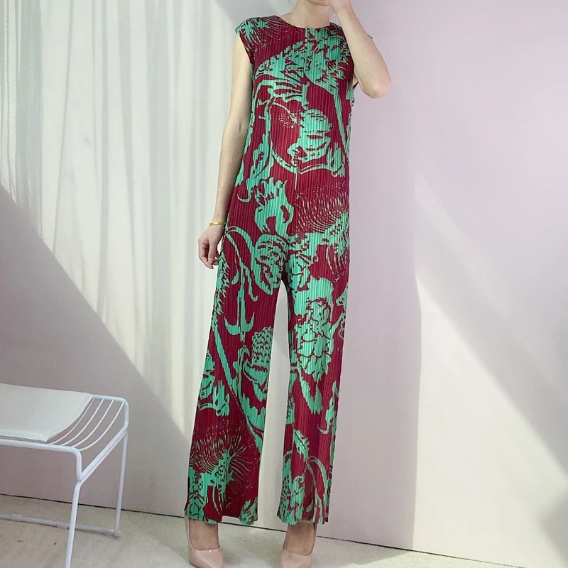 

2021 New jumpsuit women Miyak Pleated sleeveless Print Slim Large Size High Street Fashion jumpsuits for women
