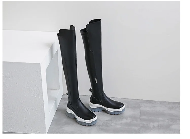 Womens Round Toe Over The Knee Thigh Long Boots Genuine Leather High Heel Side Zipper Black Shoes New Arrival