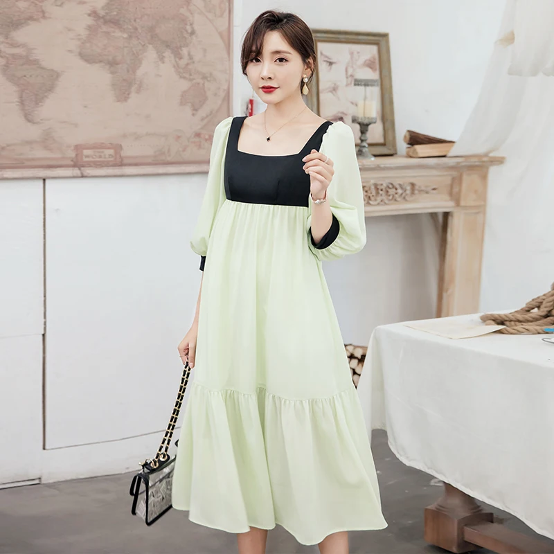 

YIGELILA Autumn Fashion Mint Green Dress Square Collar Mid-calf Patchwork Casual Dress Three Quarter Lantern Sleeves Dress 65105