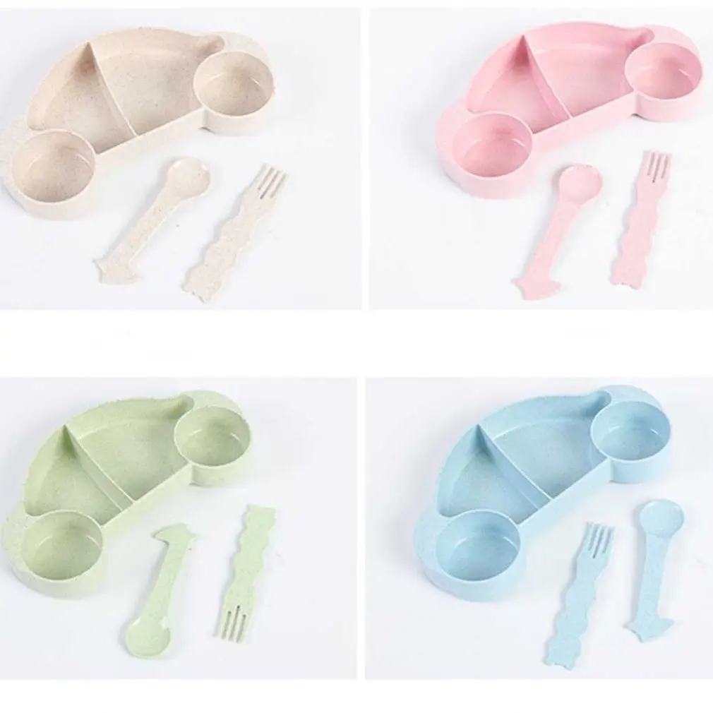 PP Dinnerware Set Wheat Straw Plate Fork and Spoon 3-Piece Cartoon Car-Shaped Set for Kids and Toddlers Fruit Dish