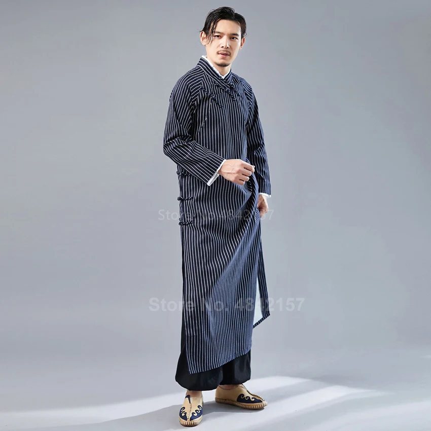 Кунг-фу Тан костюм для мужчин китайский длинный халат Ближний Восток Дубай Мусульманский Исламский ТОБ полосатый год традиционное Хлопковое платье