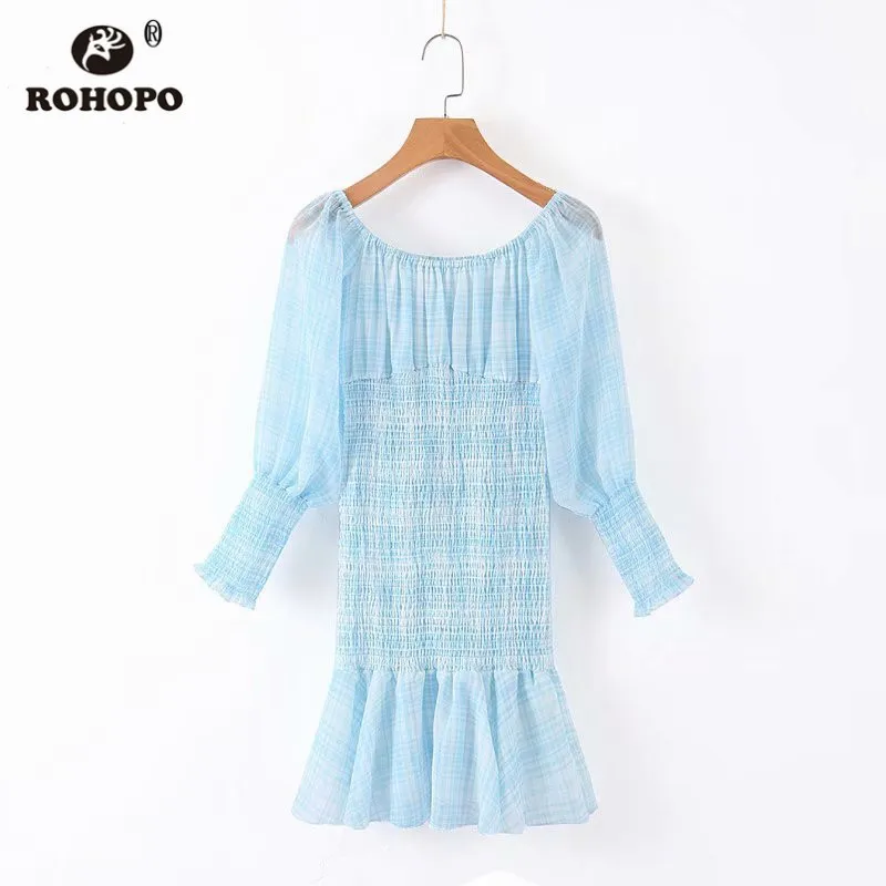 ROHOPO Sky Blue Chiffon Double Layer Autumn Dress Top Smocking Lantern Sleeve Ruffles Hem Chic Sweet Female Vestido #7034 | Женская