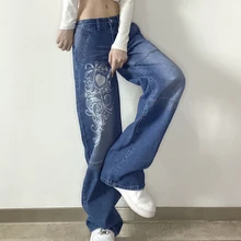 

Streetwear Women Low Waist Y2k Jeans Wide Leg Pocket Patchwork Floral Print Baggy Pants Oversize Casual Vintage Denim Trousers