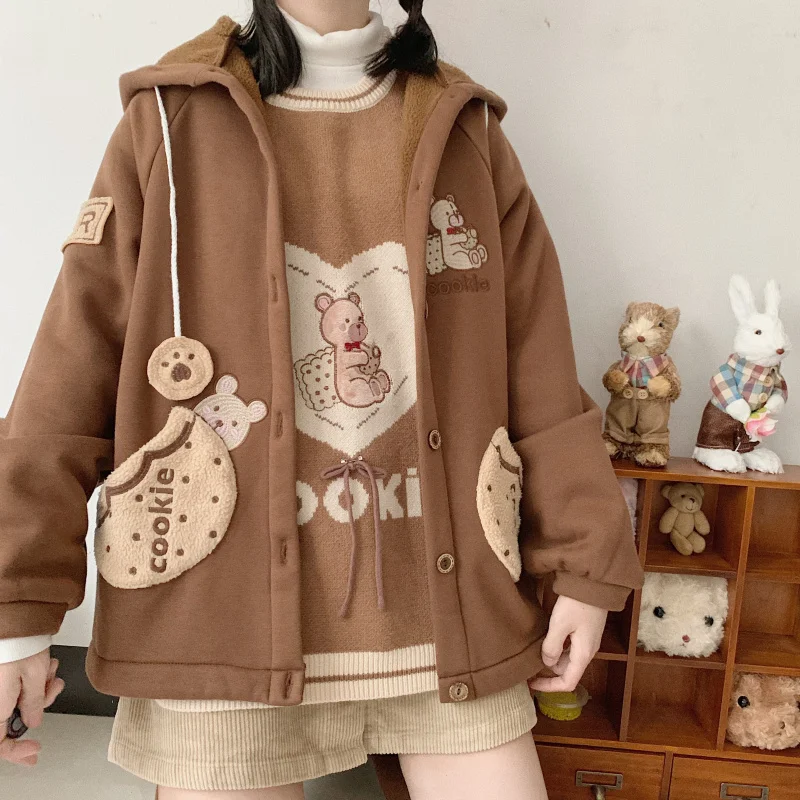 Коричневый Korean Little Bear Cookie Cartoon Patch Embroidery Plush Thick Coat Japanese Girl Loose Long Sleeve Autumn Winter Hooded Jacket - Цвет: Коричневый