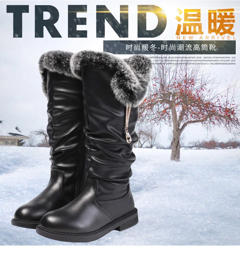 winter new high snow boots girls big children plus velvet genuine leather rabbit hair children's boots