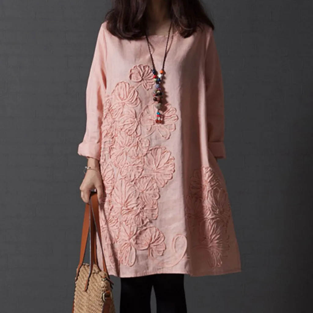 Vestidos, платье размера плюс, женское платье размера плюс, однотонное, с карманами, с вышивкой, льняное, с длинным рукавом, свободное, зимнее платье, ropa mujer sukienki