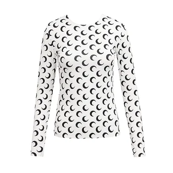 

2020 Summer Women's Long Sleeves Shirt Solid-color Crescent Moon Print Round Neck European and American Hot Style Chic Bodycon