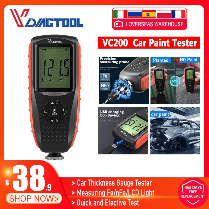 

VDIAGTOOL VC200 Coating Thickness Gauge Tester 0.1micron 0-1500 Car Paint Film Thickness Tester Measuring FE/NFE Coating tester