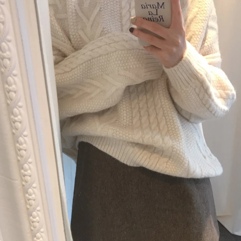 Женский вязаный свитер с круглым вырезом, зимние топы, пуловеры больших размеров, минимализм, стиль