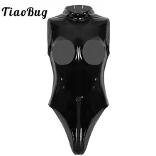TiaoBug сексуальные женские Wetlook черные купальные костюмы из лакированной кожи с высокой горловиной без рукавов открытые чашки двойной молнии купальник Teddies