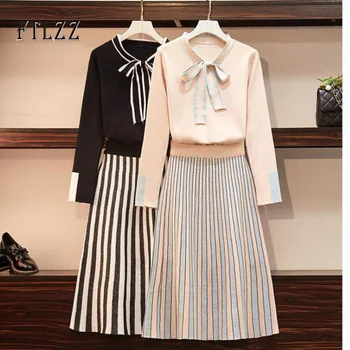 

Fashion Streetwear Women Plus Size Knitted Two Piece Set New 2019 Autumn Winter Woman V-neck Pullover Sweater + Stripe Skirt 2