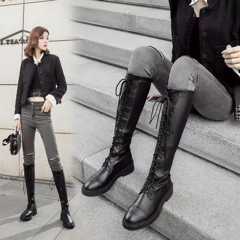 

Elasticity Thin Boots Women's 2019 Winter New Style Boots Boots Lace up Front British Style Slimming Women's Boots Leather Thi