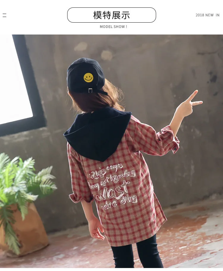 Girls Spring And Autumn New Style Long Shirt Korean-style Hooded Tops Big Boy Single Breasted Shirt Women's Fashion