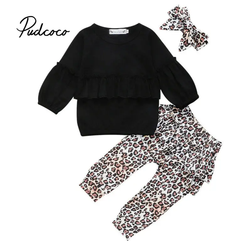 Коллекция года, весенне-осенняя одежда для малышей 3 предмета, одежда для маленьких девочек топы с пышными рукавами, рубашки комплект одежды со штанами с леопардовым принтом, От 0 до 3 лет