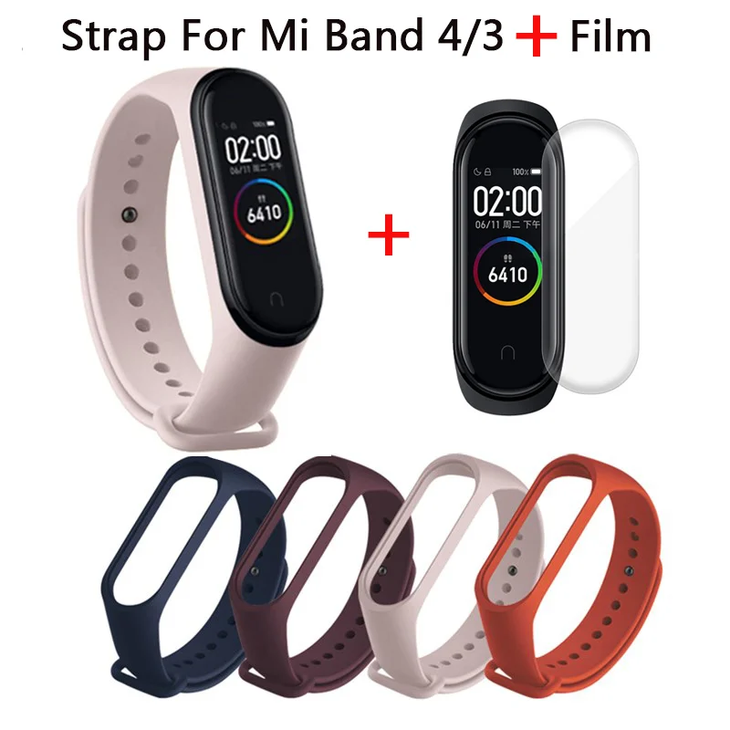 Для Xiaomi mi Band 4 ремешок для браслета силиконовый браслет Защитная пленка для экрана розовый ремешок для Xio mi Band 4 3 Band 4 закаленное стекло