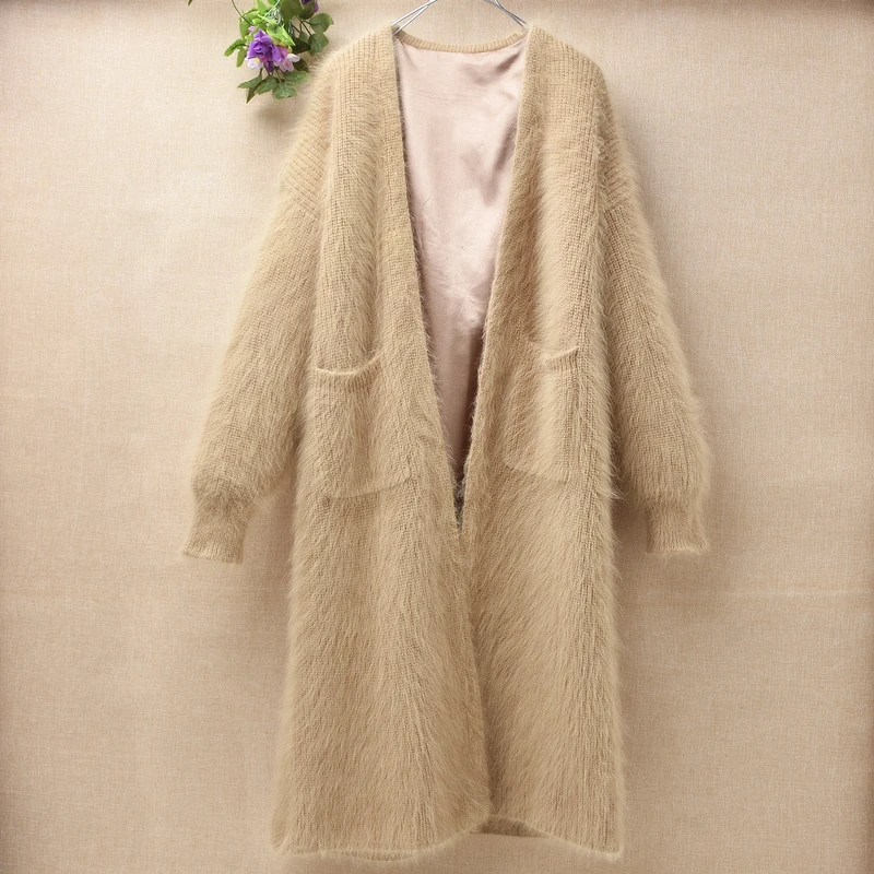 

1.3KG heavy thick long fashion femme plush mink cashmere cardigan long sleeves loose angora rabbit fur knit sweater coat mantle