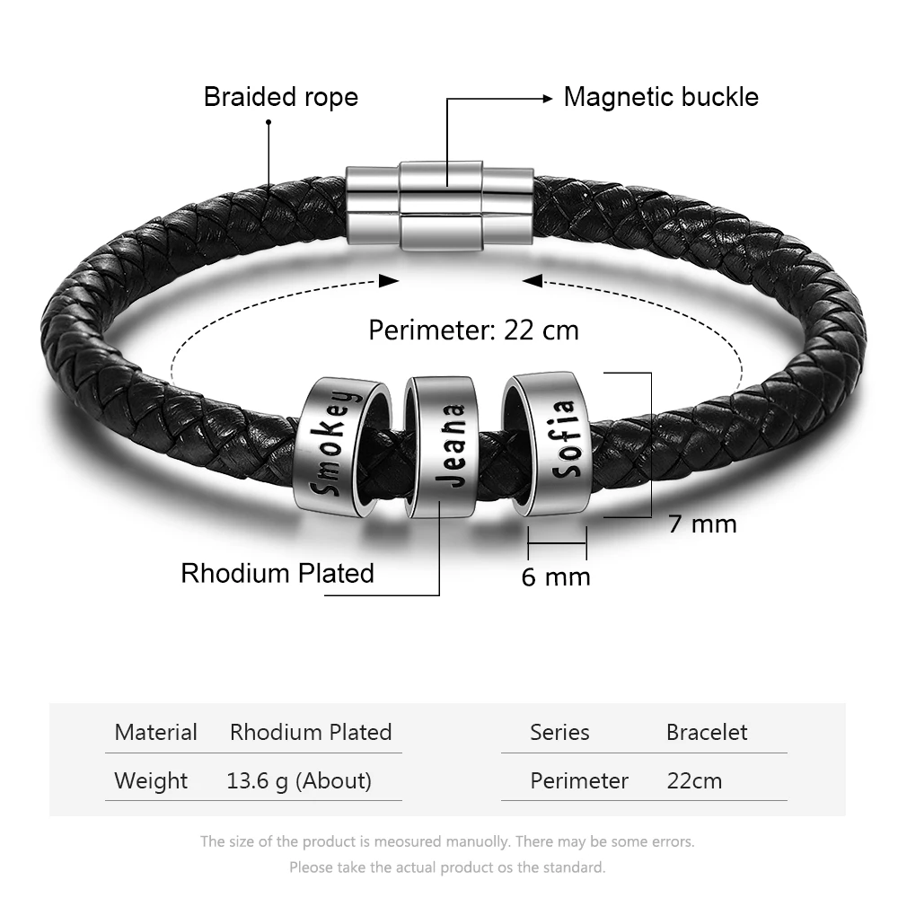 Personalized Men Leather Bracelet with 1-6 Names Beads Customized Family Names Black Rope Magentic Buckle Bracelets for Men