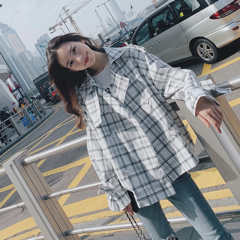 

Hot Selling 2019 New Style Korean-style Spring Loose-Fit Slimming Double Breasted Short Plaid Trench Coat Women's Students Tide