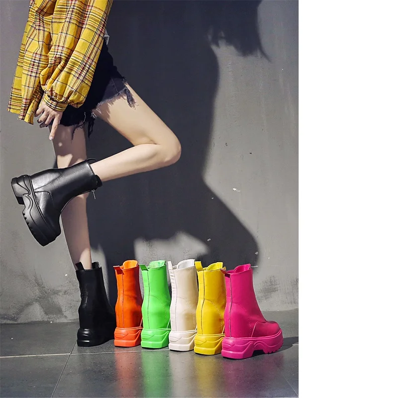 

Women's Ankle Boots Leather 2019 Candy-colored platform Thick Super High heels punk height Increasing shoes Boot botas mujer inv