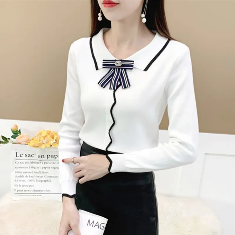 

Women Autumn Winter New Sweet Pattern Bow Sweater Pullover Fashion Casual Wild Lapel Long Sleeve Knit Tops