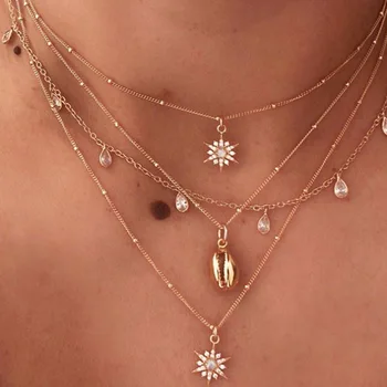 

2020 New Women Bohemia Water Drop Star Shape Necklaces Trendy Alloy Imitation Pearls Shell Long Multi-layer Pendant Necklace