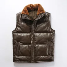 Кожаный зимний шерстяной жилет с воротником из утиного пуха, приталенный Короткий стильный жилет из овечьей кожи высокого качества для мужчин, M-3XL