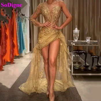 

SoDigne Sexy African Prom Pageant Dresses High Low Lace Appliques One Shoulder Evening Gown Formal Dress