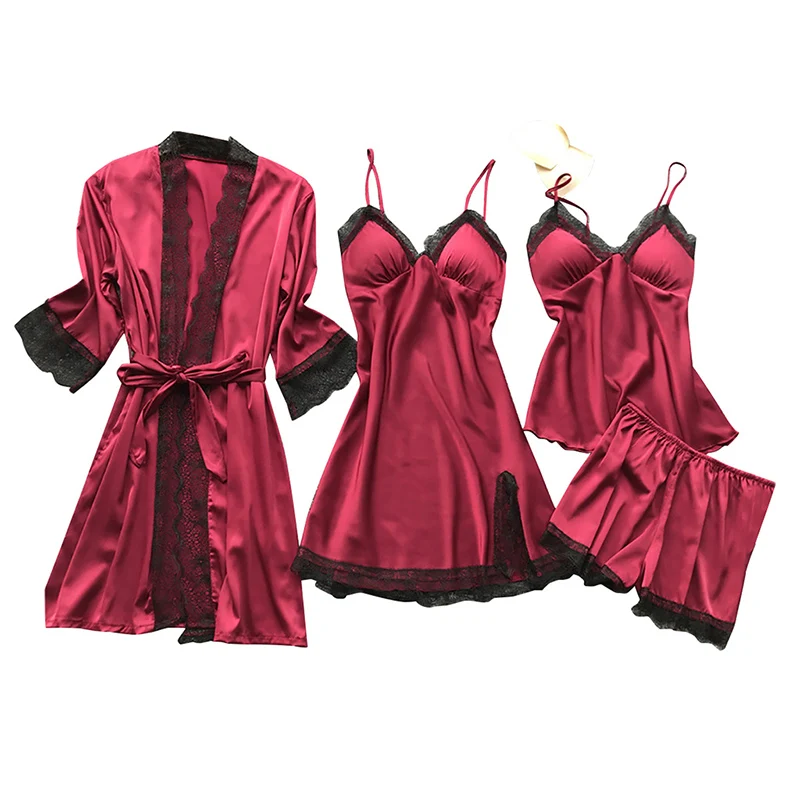 

Summer Women Pajama Sets 4 Pcs Sexy Lace Pyjamas Satin Silk Sleepwear Elegant Pijama with Chest Pads Homewear