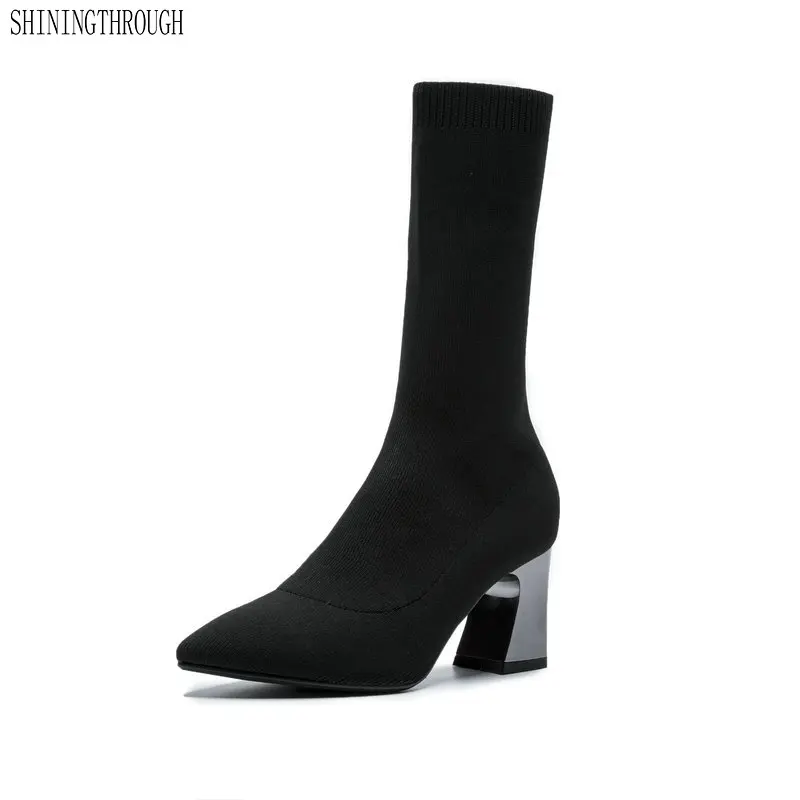 

Sexy elastic knitting women knee High Boots Chunky High Heels women Boots Autumn Winter party dress shoes woman size 41 42