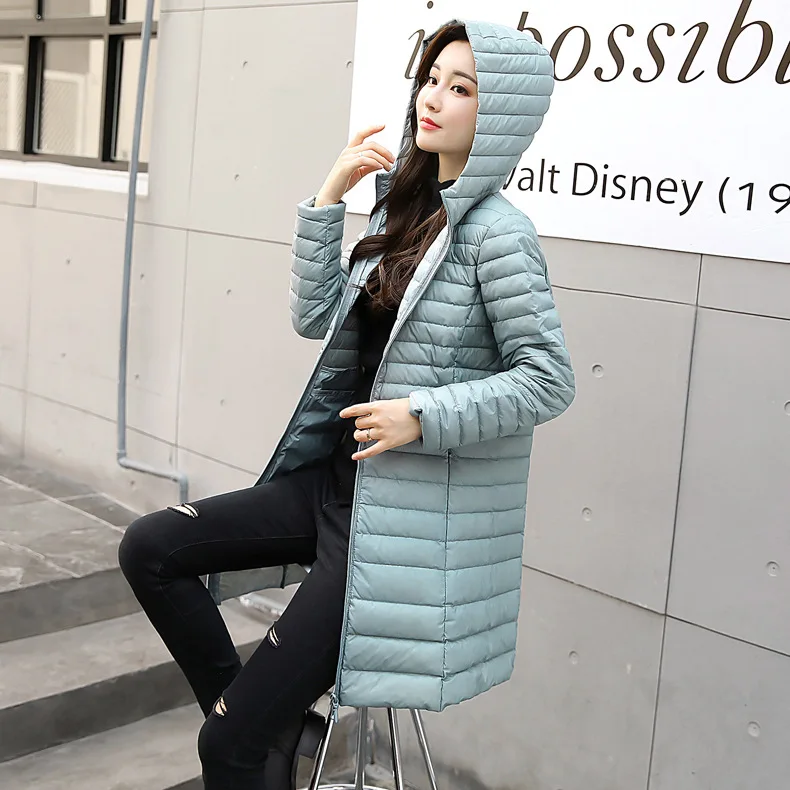 Женский пуховик средней длины с капюшоном, женская осенняя и зимняя тонкая приталенная модная куртка в Корейском стиле