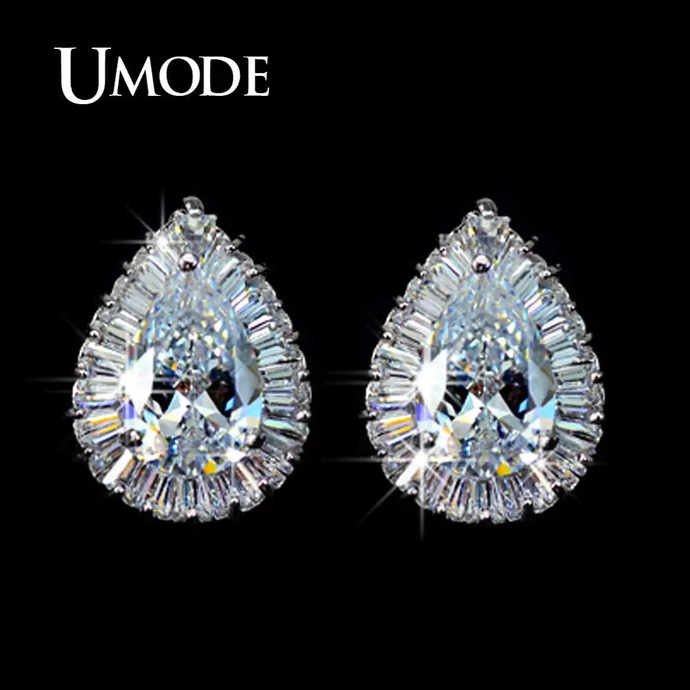 

Classical! Pear shaped CZ diamond with Rectangle small CZ surrounded Tear Stud Earring (Umode UE0029)