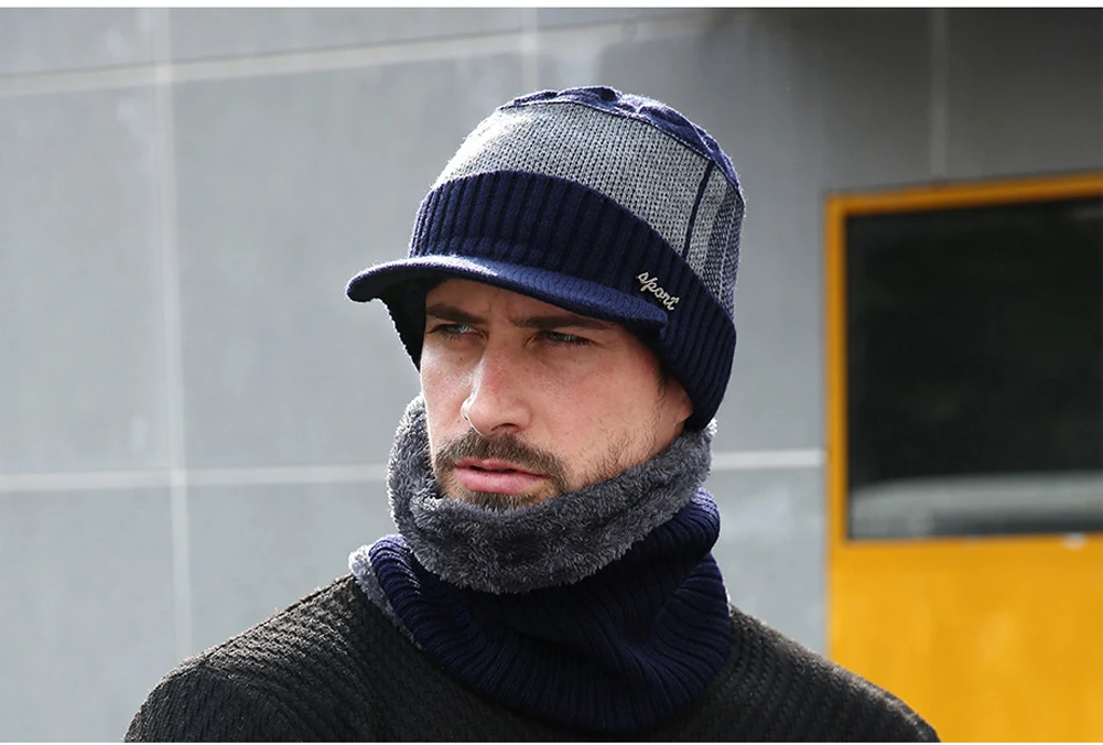 Мужская зимняя теплая шапка и шарф, набор, унисекс, вязаная шапка, наборы, 4 цвета