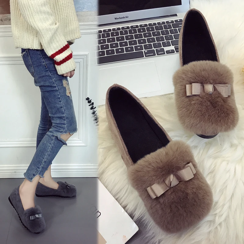 

All-Match Round Toe Shoes Woman 2019 Loafers Fur Women's Moccasins Bow-Knot Autumn Shallow Mouth Flats Casual Female Sneakers