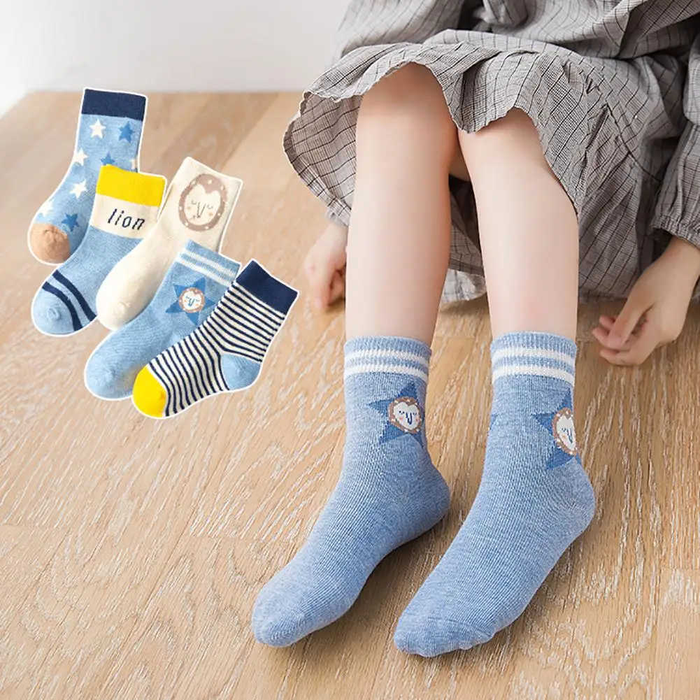 Studyset 5Pairs socks Boys Girls Kids Cartoon Five Pointed Star Lion Jacquard Casual Middle Tube Cotton Socks cotton