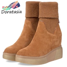 DORATASIA/Новинка, размеры 32-40, дамские носки, ботинки из натуральной кожи и замши на платформе, женская обувь, высокая женская обувь, увеличивающая рост