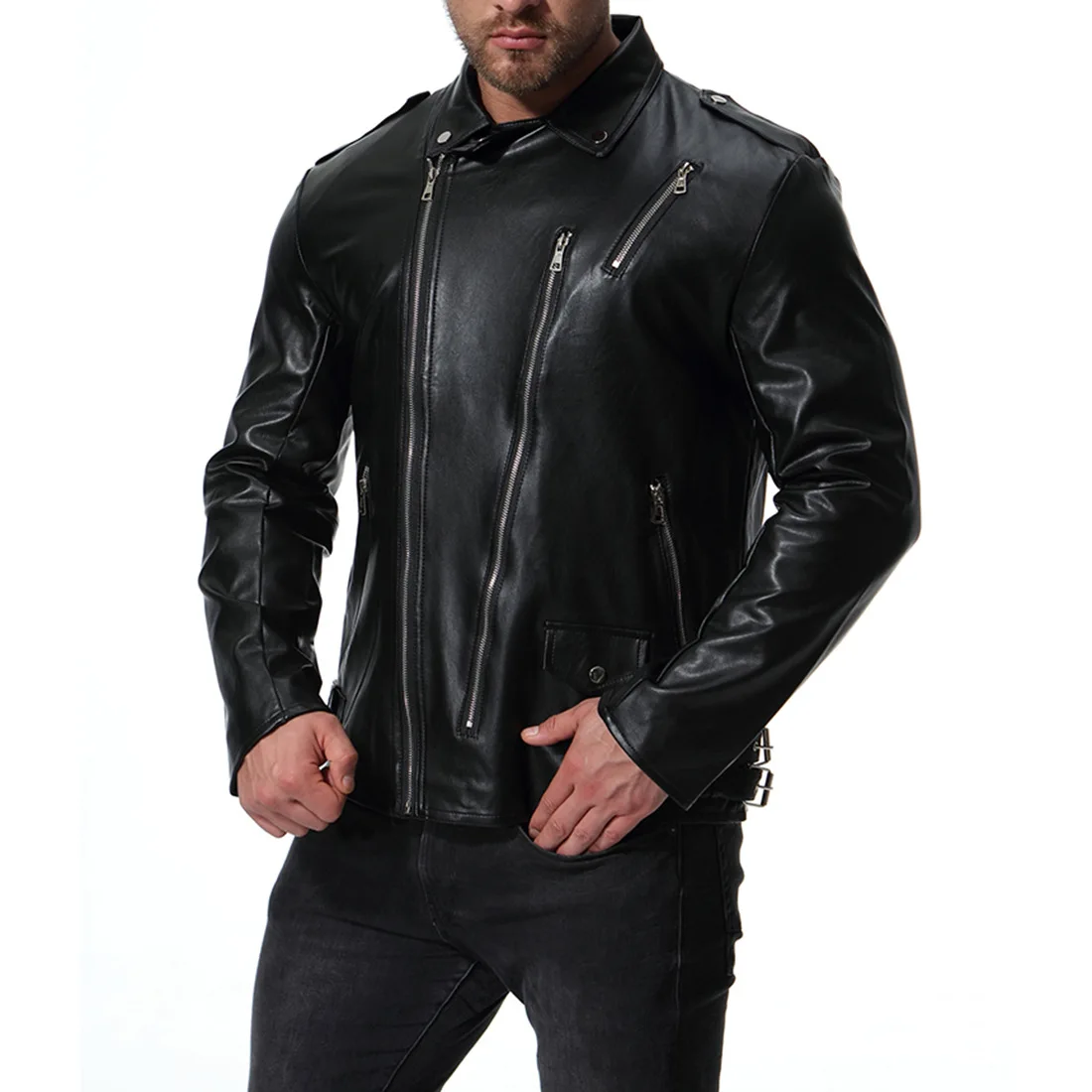 

Autumn New Style Europe And America Fashion-Men Locomotive Large Size Leather Coat Multi-Zipper Leather Jacket Coat Xb027