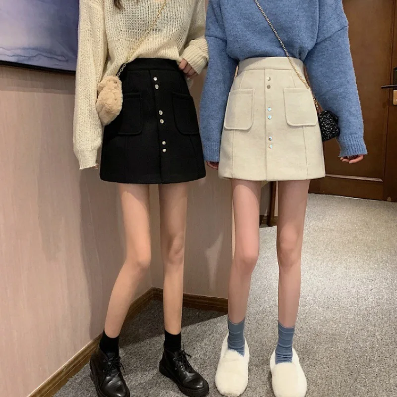 

Uus New Style 2019 Boutique Woolen Skirt Half-Word Skirt bai da qun Long Skirts Bay Go Mall Waist WOMEN'S Black