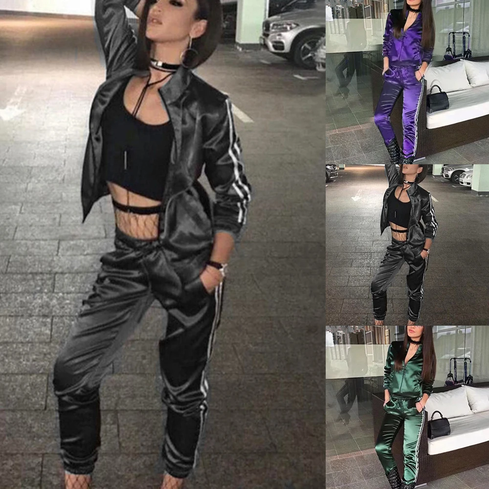

Women's Tracksuit Autumn Long Sleeve Outfits Sportswear Striped 2Pcs Running Set Femme Zipper Tops And Jogger Pants Outerwear