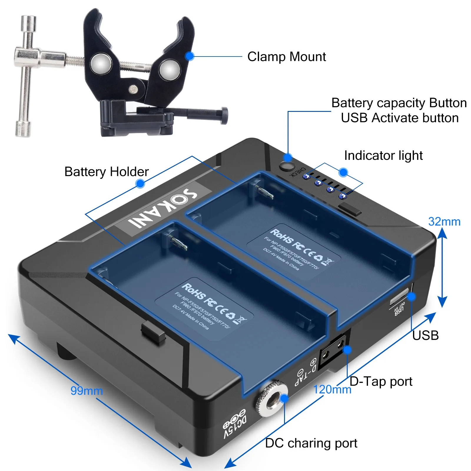 Sokani Adapter Plate D-Tap Output for Sony NP-F970 F750 F550 with V-Mount Adapte