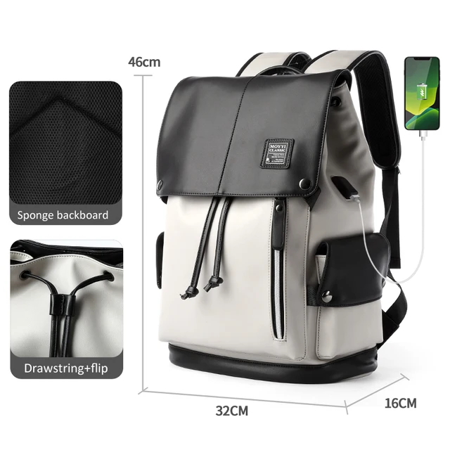 2020 Men Backpack Lether Vintage For Teenager Laptop PC Portable Bags Designer Boys Travel Backpack Thin School Luxury Mochila Normal D White