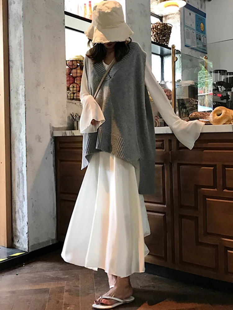 Harajuku женский костюм из двух предметов Осень корейский v-образный вырез вязаный широкий жилет и белый длинный рукав платье ансамбль женский
