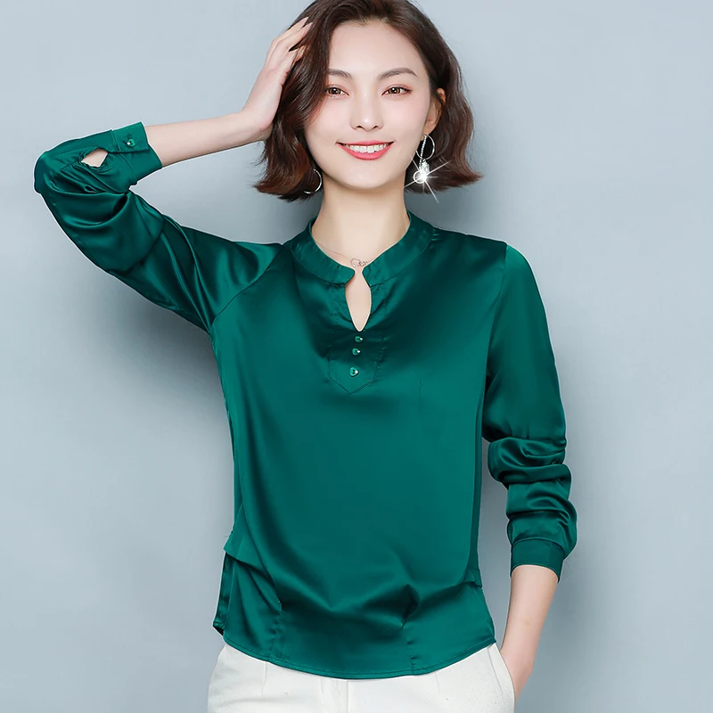 Korean Silk Women Blouses Women Satin Shirts Elegant Woman Long Sleeve Blouse Woman V Neck Shirt Plus Size Blusas Mujer De Moda - 4.00067E+12