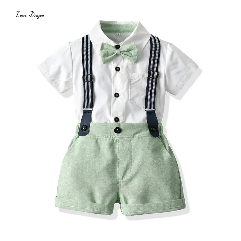 Tem Doger New Arrival Little Boys Gentleman Clothing Set Short Shirt Shirt Tops with Bowtie+Suspender Shorts Kids Casual Clothes